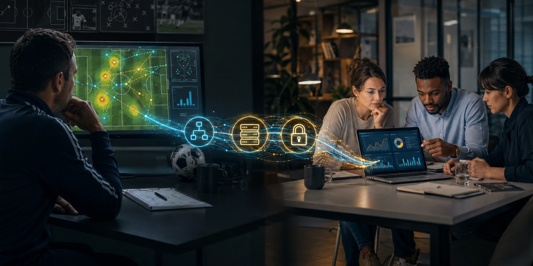 Analista de futebol e equipe empresarial usando dashboards para tomar decisões com dados
